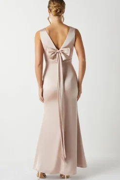 Bow Back V Neck Satin Bridesmaid Dress