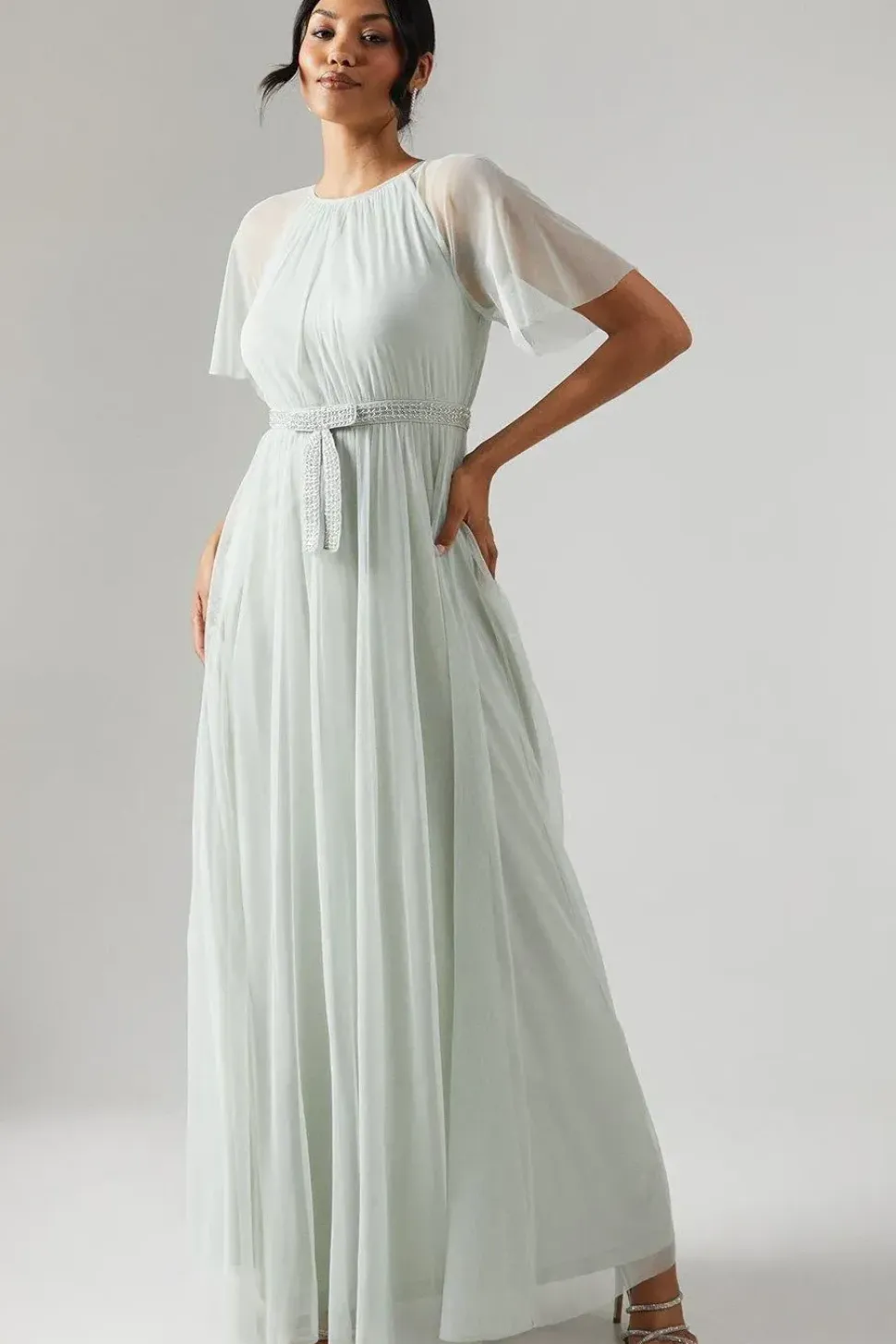 Bow Detail Angel Sleeve Mesh Bridesmaids Maxi Dress