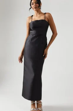 Bow Detail Twill Column Bridesmaid Dress