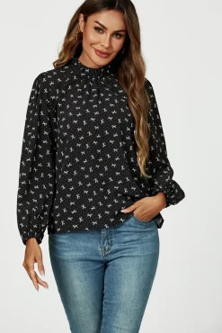 Bow Print Frill Detail High Neck Top In Black