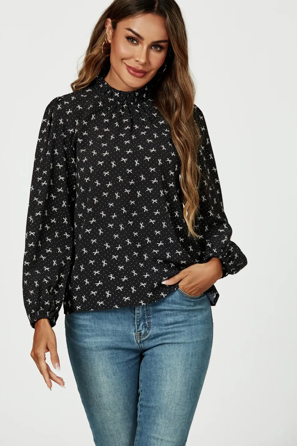 Bow Print Frill Detail High Neck Top In Black