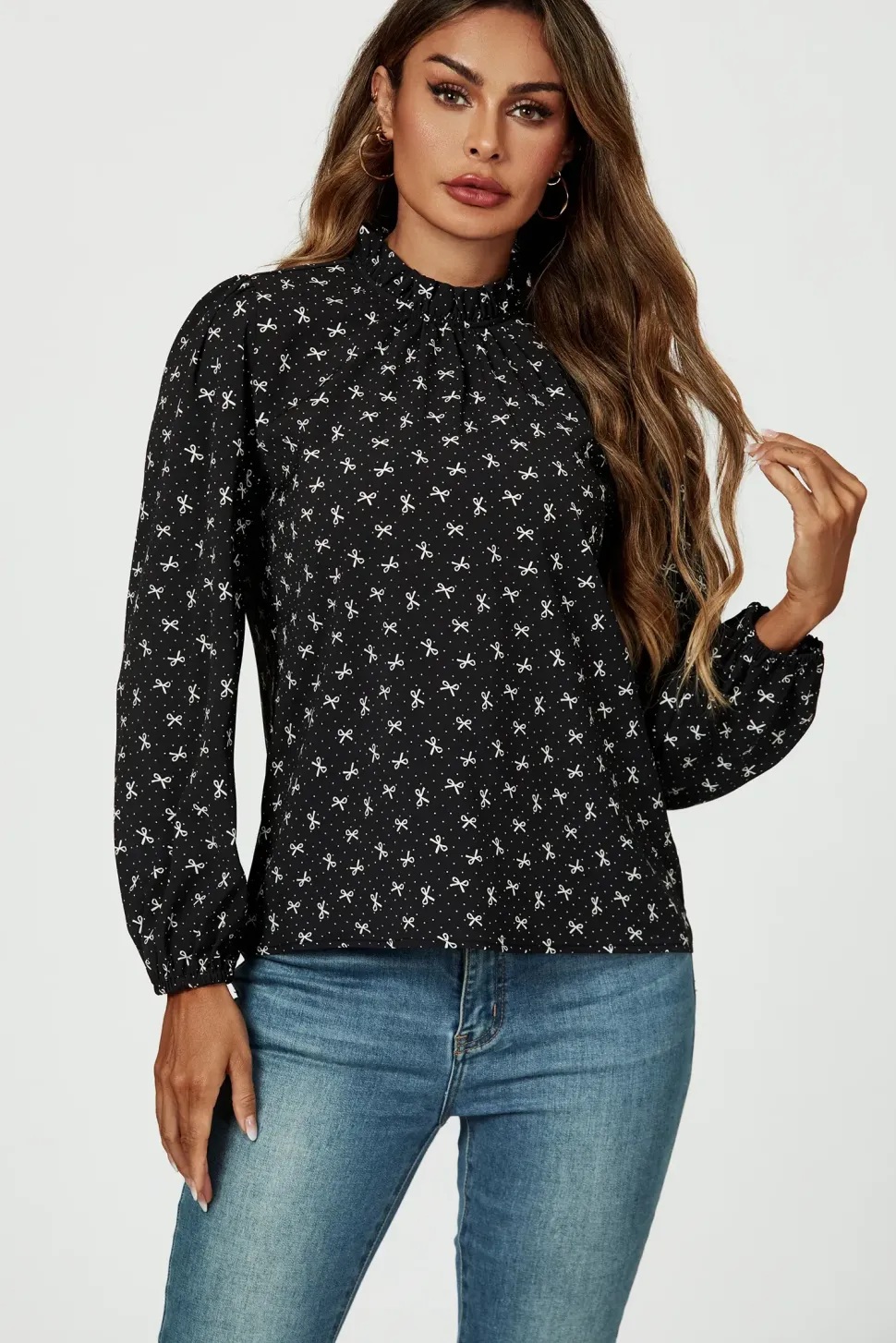 Bow Print Frill Detail High Neck Top In Black