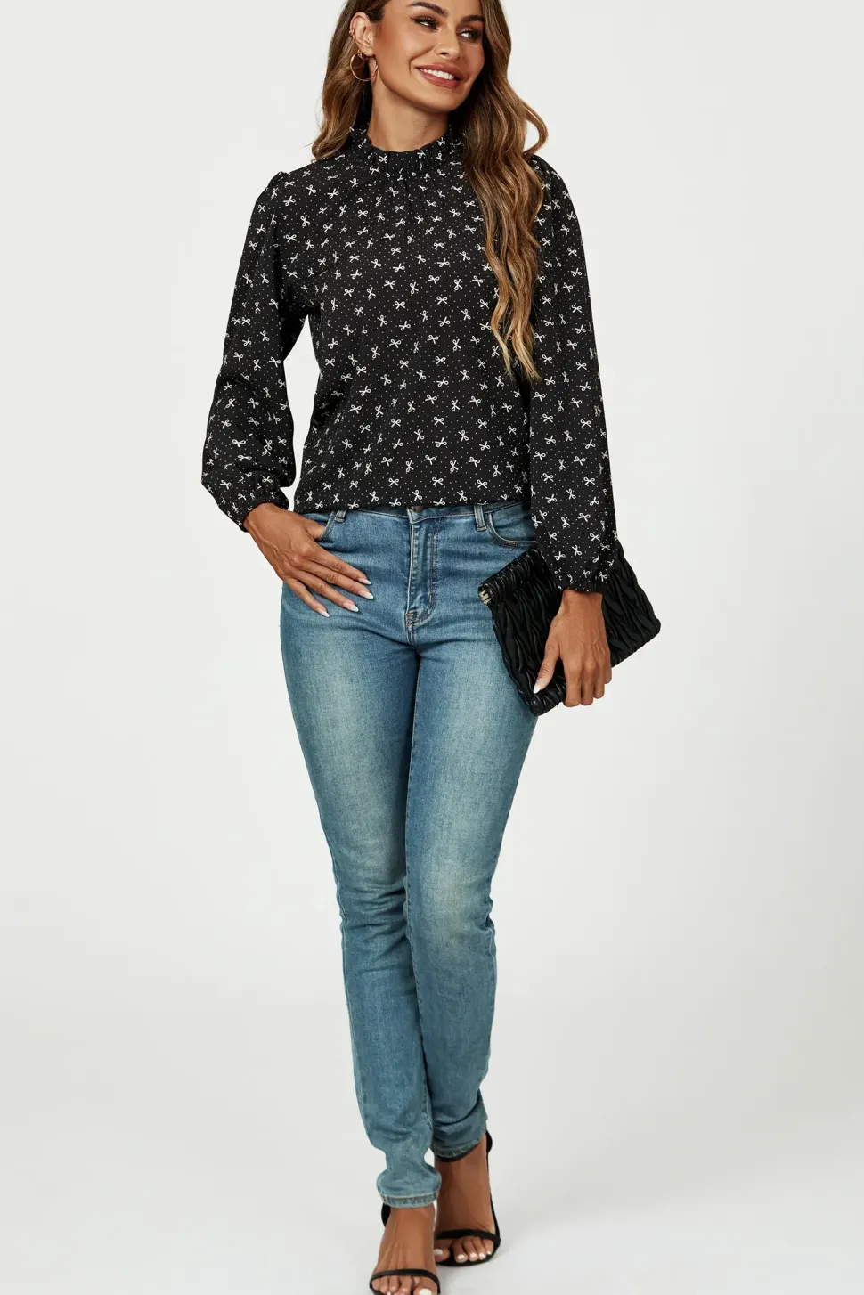 Bow Print Frill Detail High Neck Top In Black
