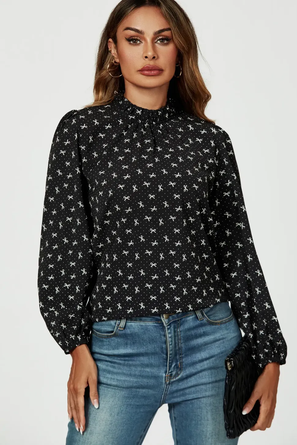 Bow Print Frill Detail High Neck Top In Black