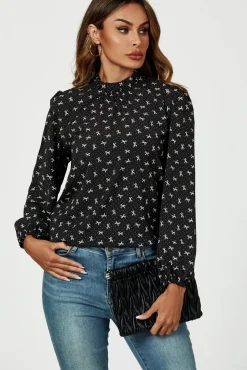 Bow Print Frill Detail High Neck Top In Black