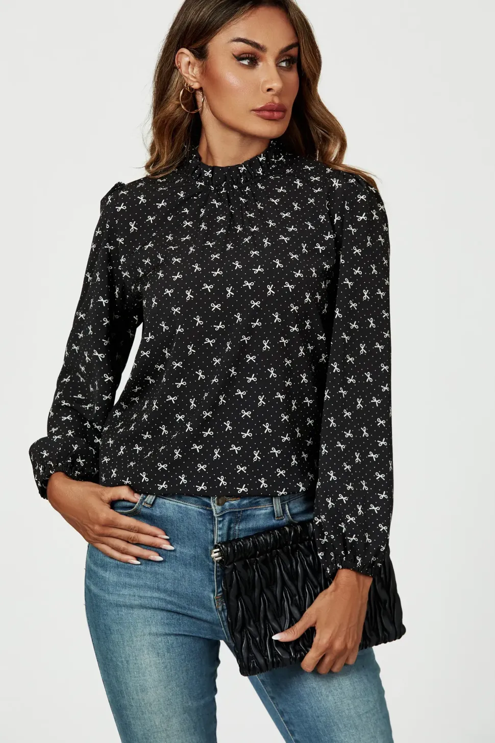 Bow Print Frill Detail High Neck Top In Black
