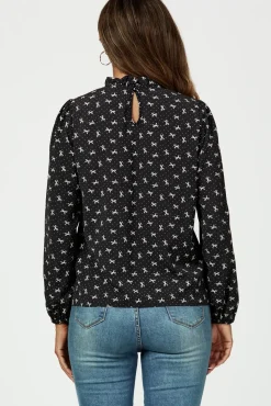 Bow Print Frill Detail High Neck Top In Black