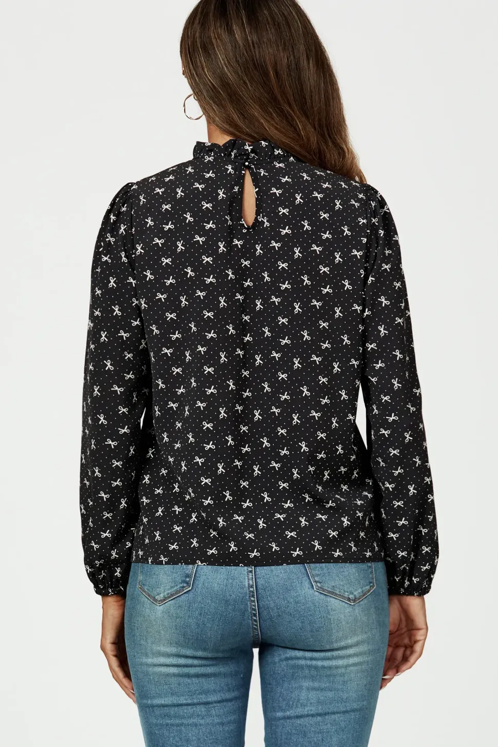 Bow Print Frill Detail High Neck Top In Black