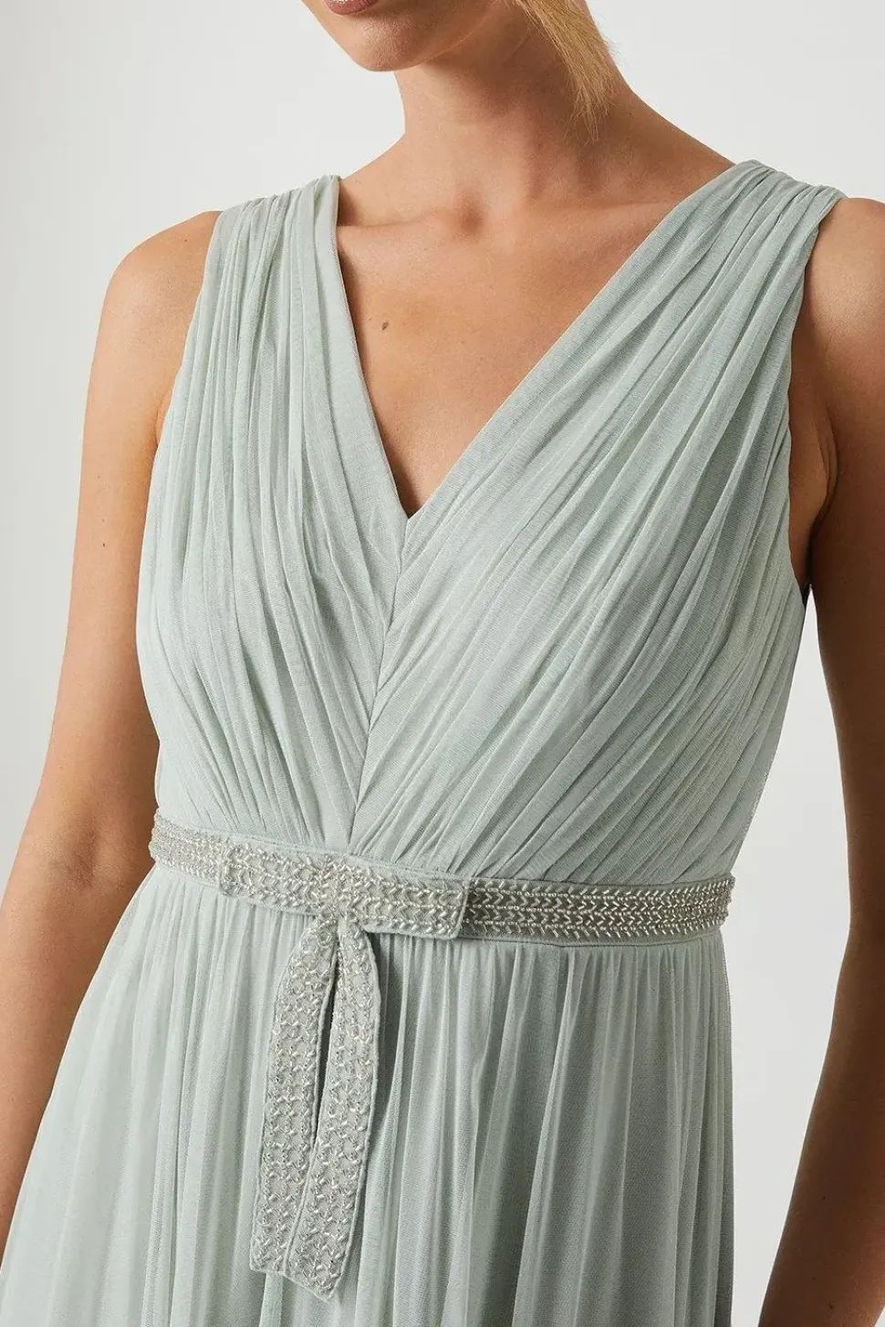 Bow V Neck Mesh Bridesmaid Maxi Dress