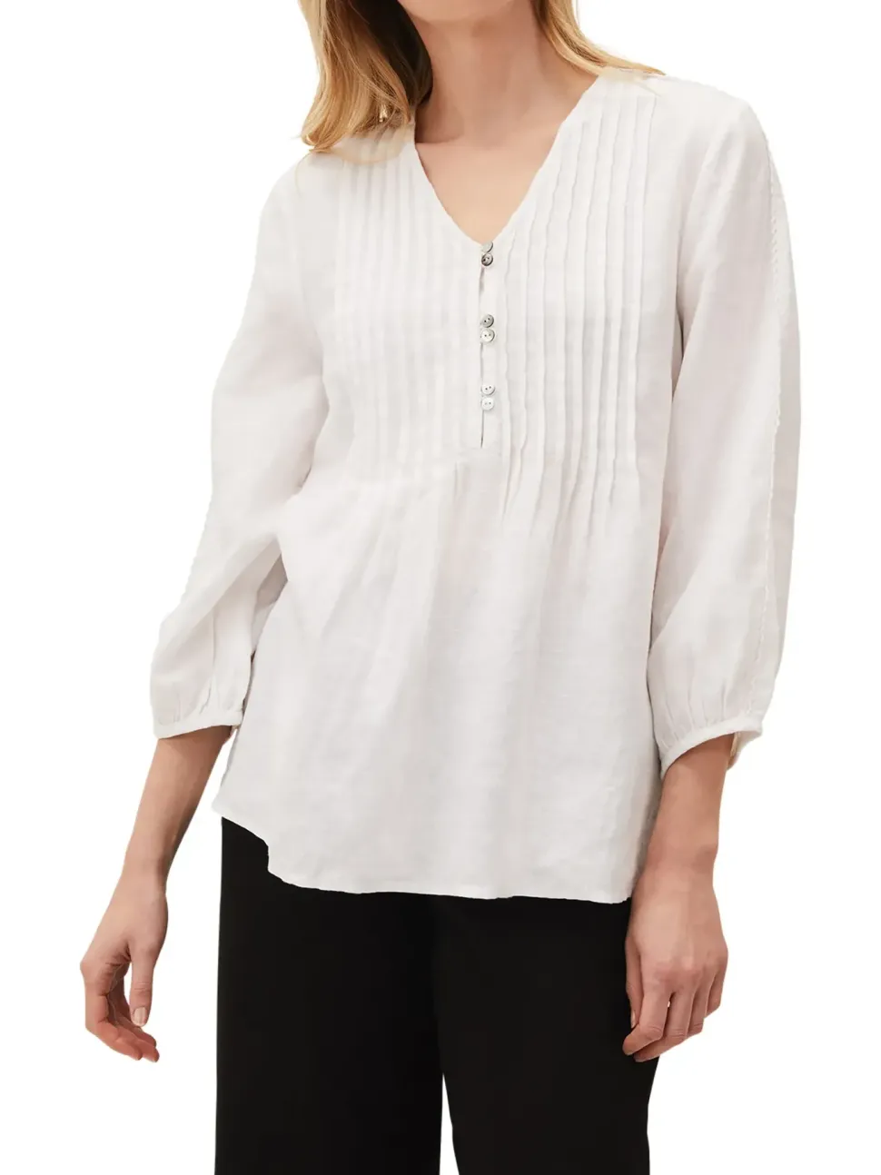 Brianne Linen Pintuck Blouse-Plain