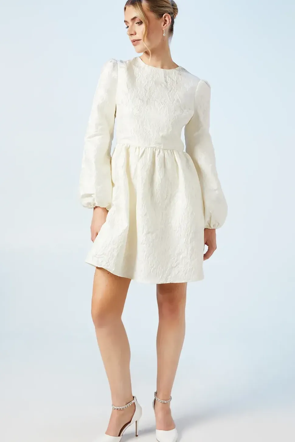 Bridal Blouson Sleeve Jacquard Mini Dress