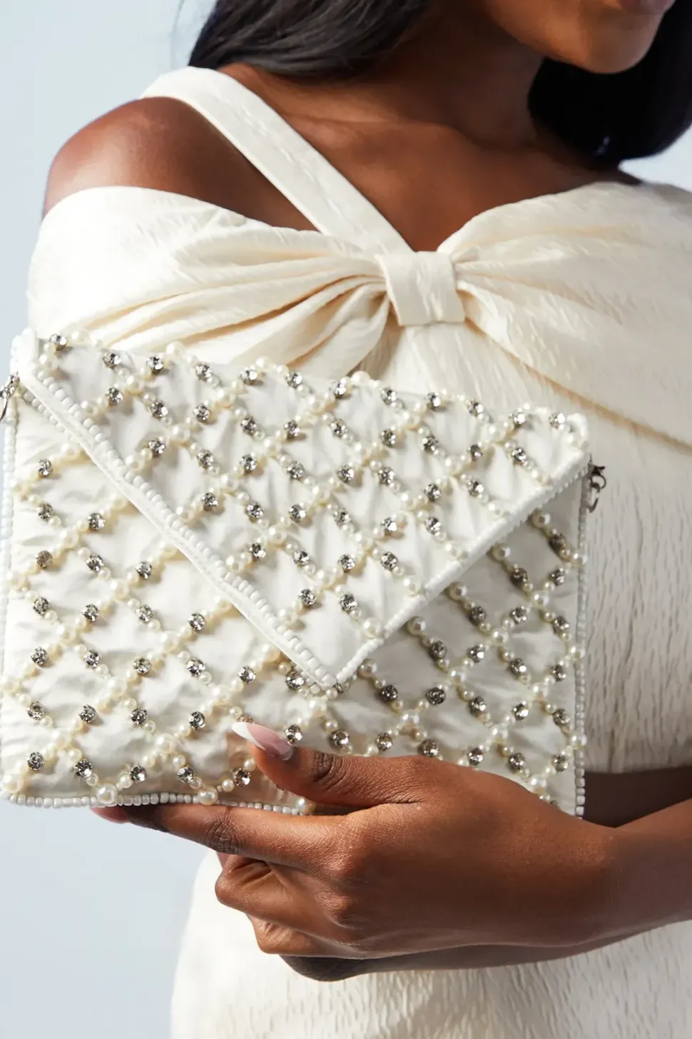 Bridal Pearl Beaded Scallop Clutch Bag With Shoulder Strap