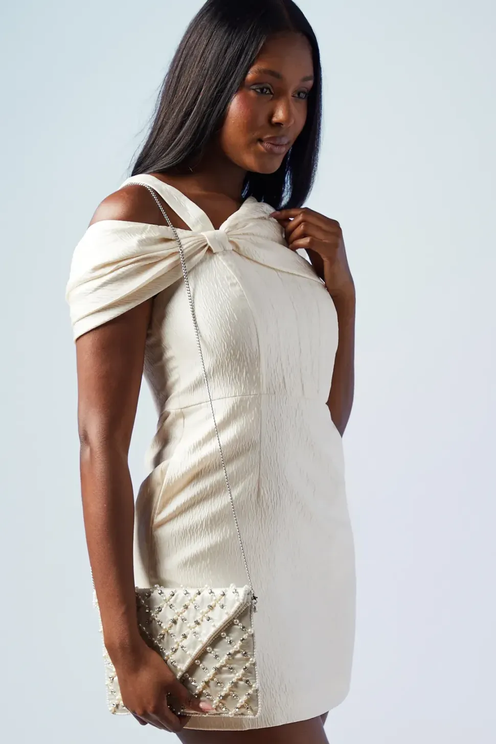 Bridal Pearl Beaded Scallop Clutch Bag With Shoulder Strap