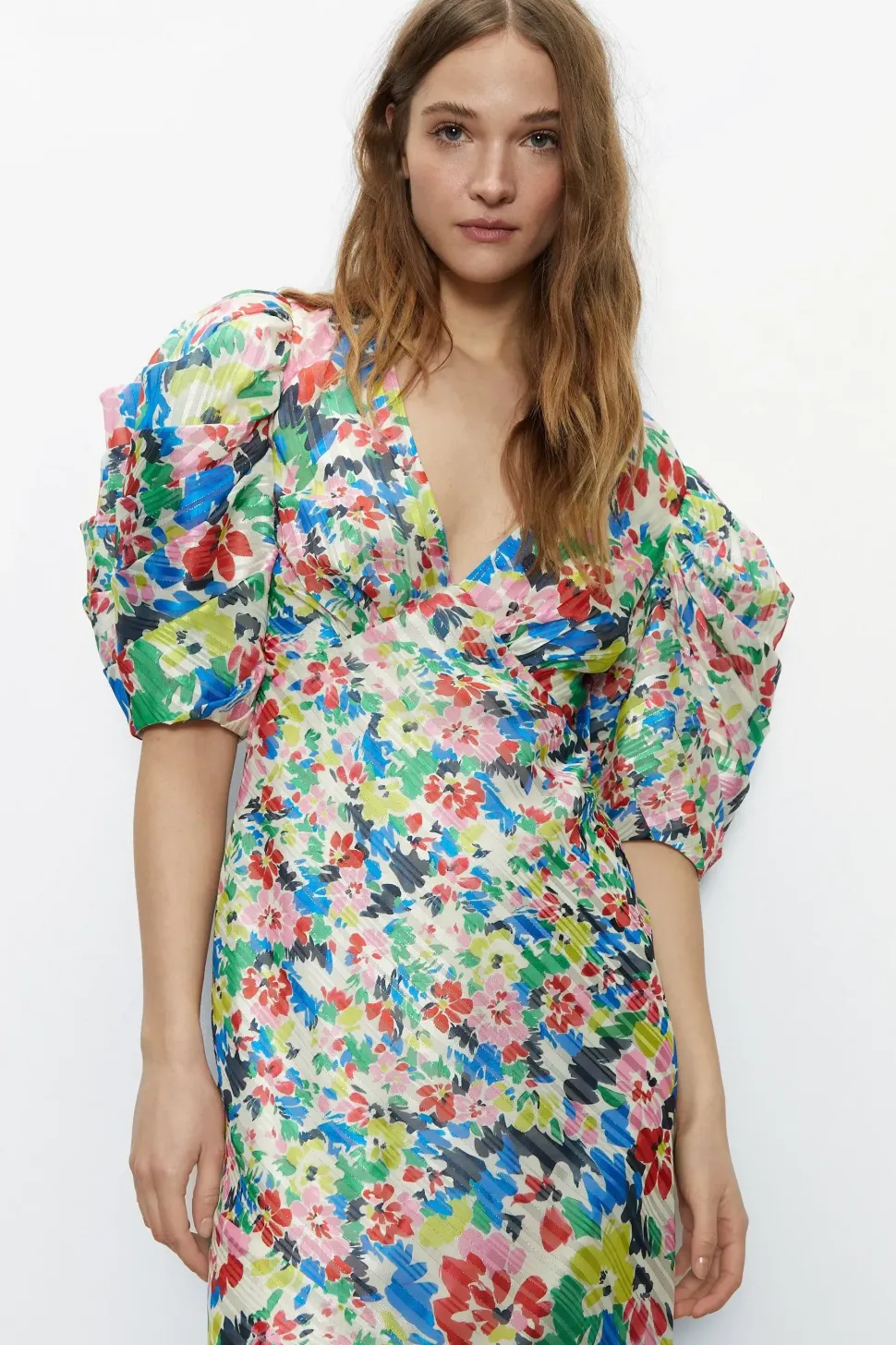 Bright Floral Print Puff Sleeve V Neck Dress