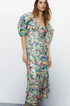 Bright Floral Print Puff Sleeve V Neck Dress