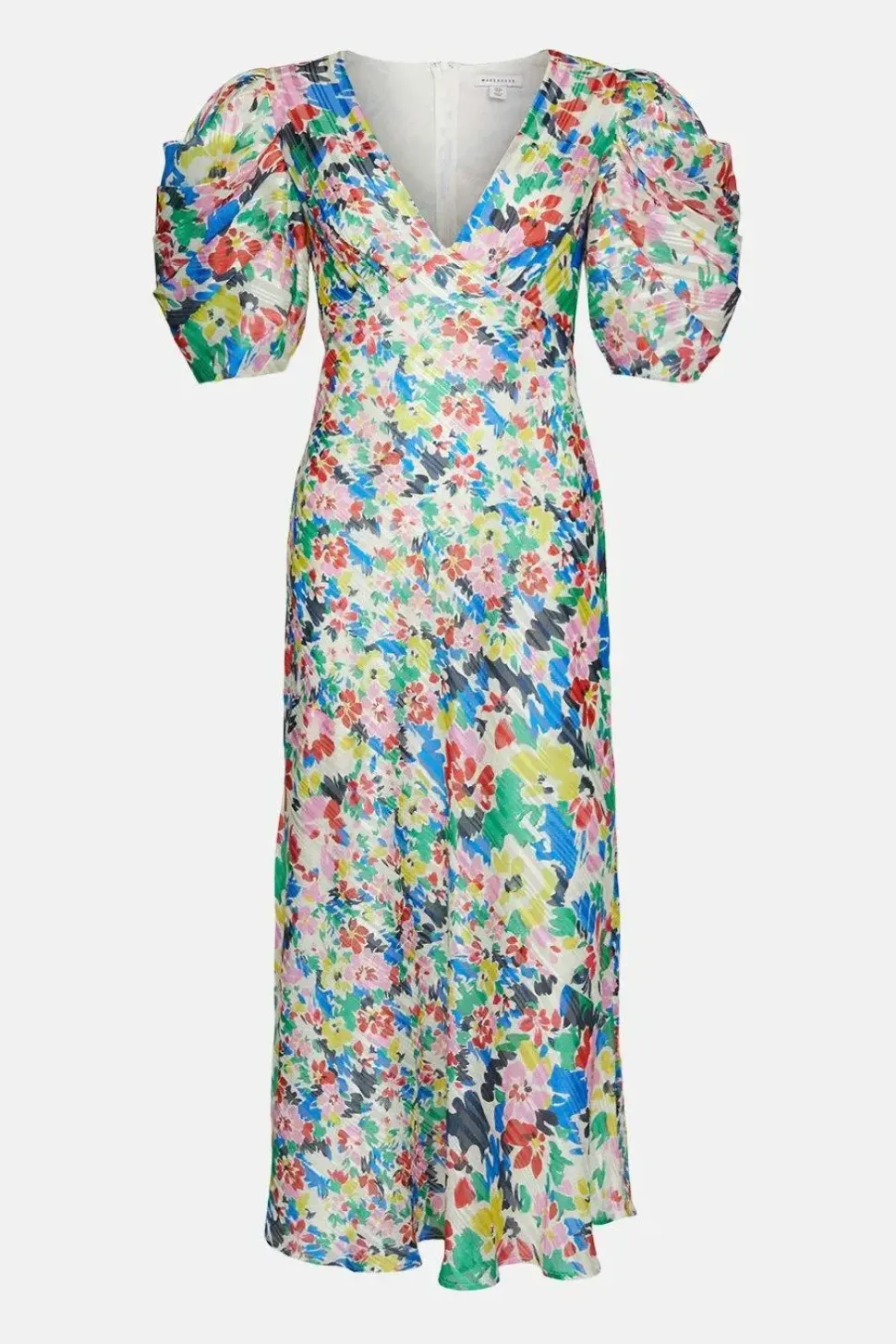 Bright Floral Print Puff Sleeve V Neck Dress