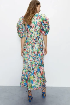 Bright Floral Print Puff Sleeve V Neck Dress