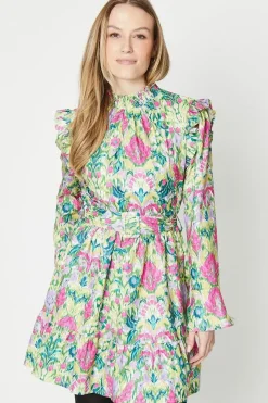 Bright Floral Ruffle Shirred Neck Mini Dress