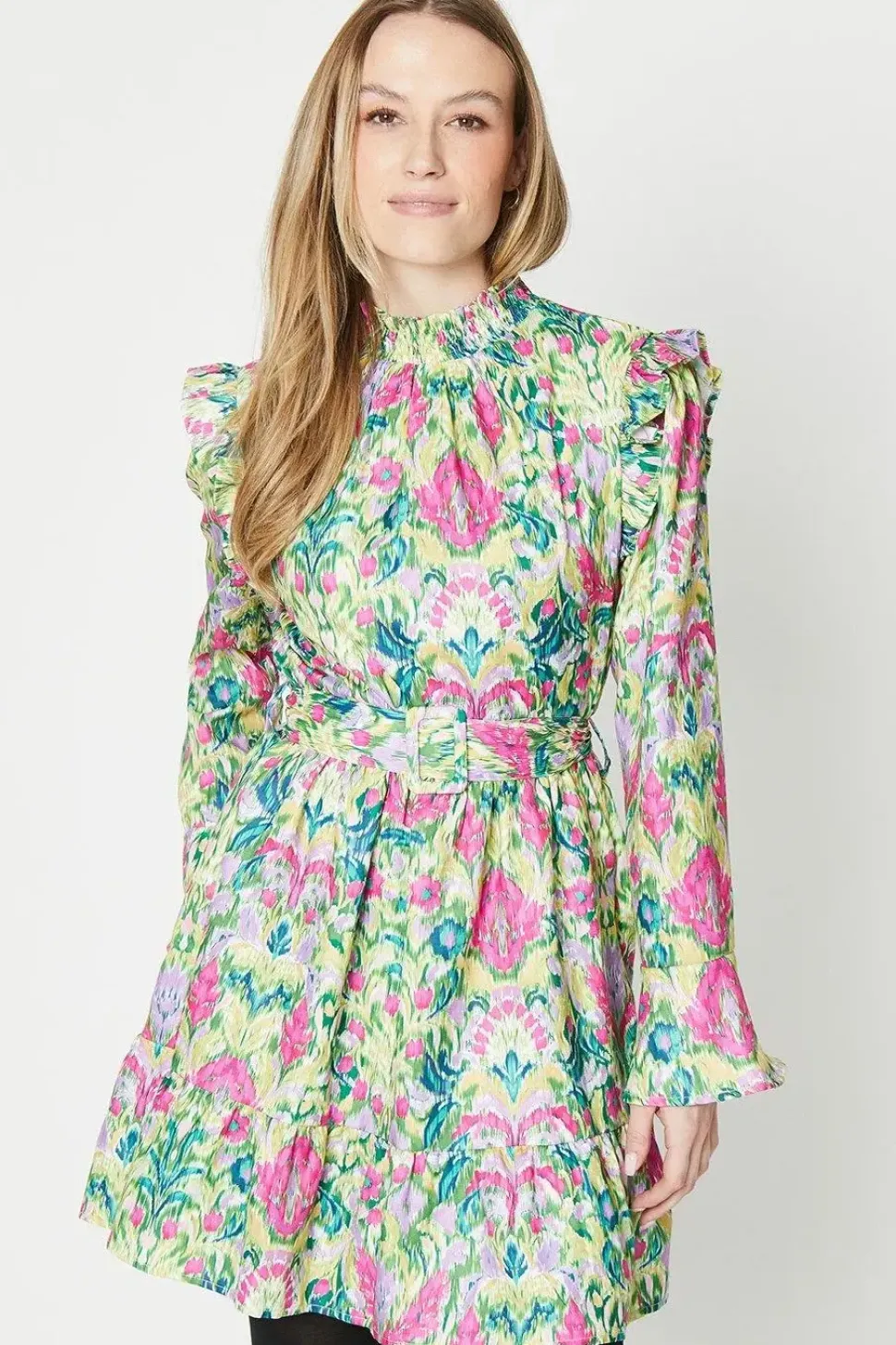 Bright Floral Ruffle Shirred Neck Mini Dress