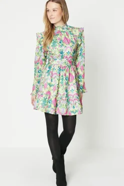 Bright Floral Ruffle Shirred Neck Mini Dress