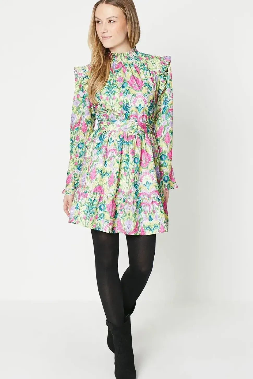 Bright Floral Ruffle Shirred Neck Mini Dress
