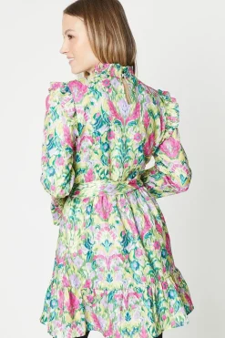 Bright Floral Ruffle Shirred Neck Mini Dress