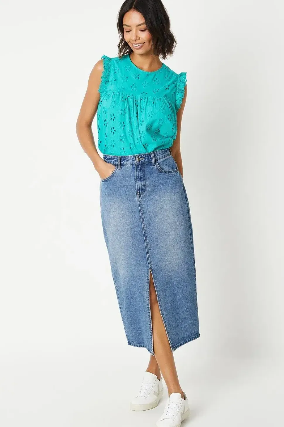 Broderie Frill Sleeve Cut Out Back Top