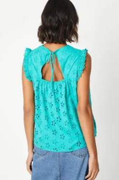 Broderie Frill Sleeve Cut Out Back Top