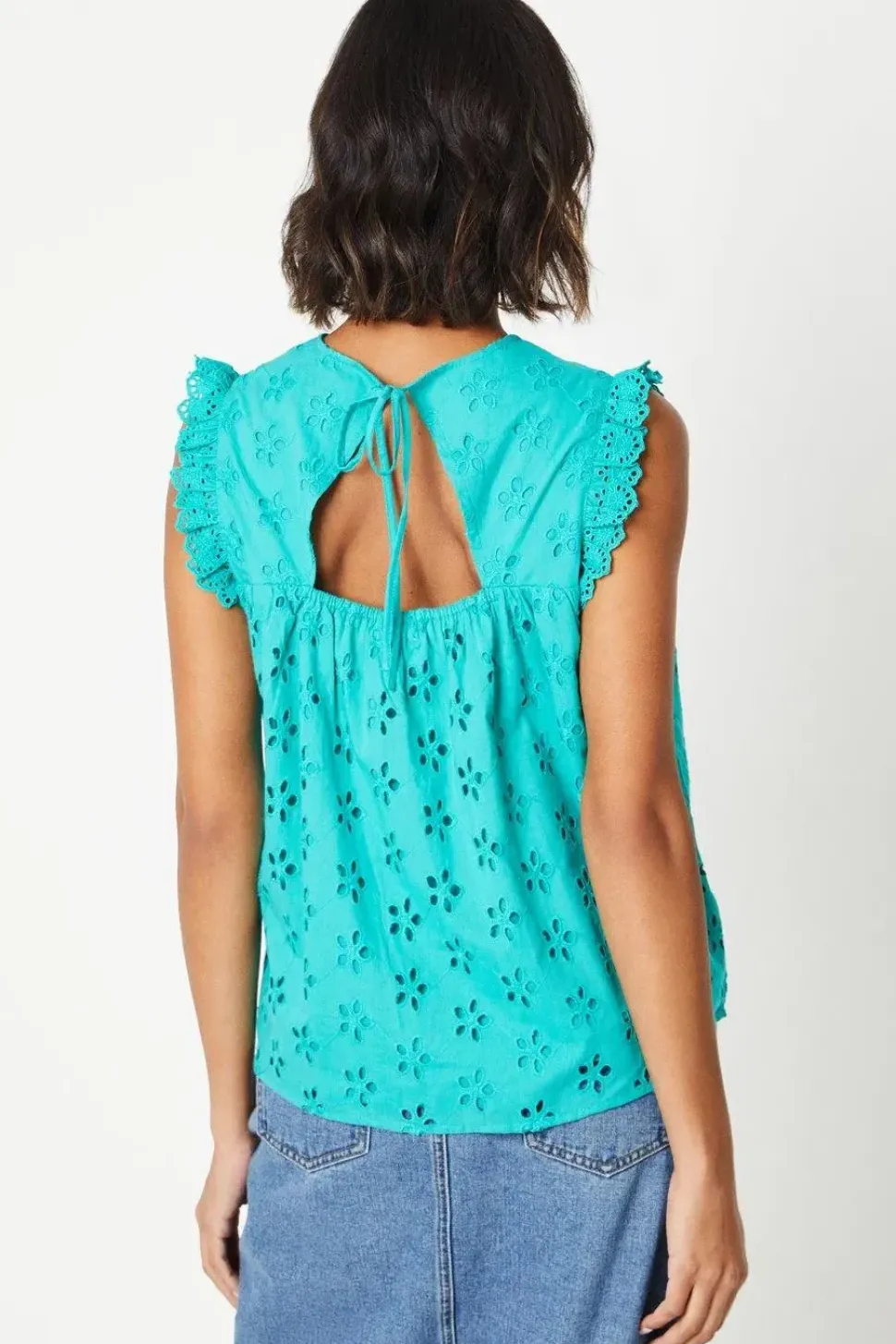 Broderie Frill Sleeve Cut Out Back Top