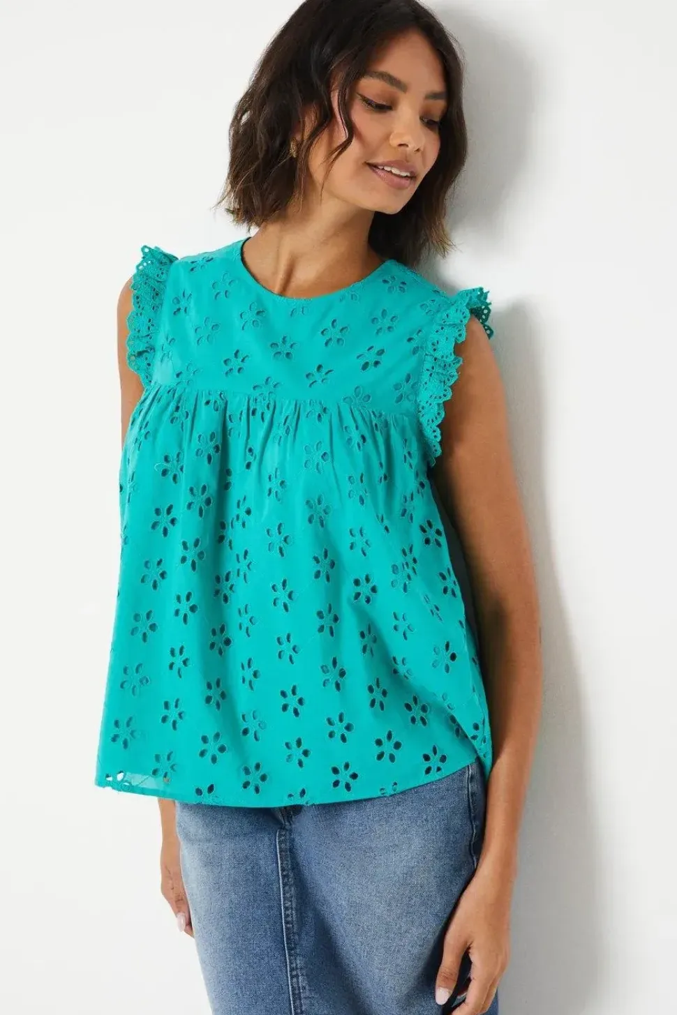 Broderie Frill Sleeve Cut Out Back Top