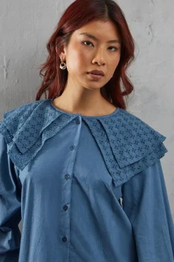 Broderie Oversized Collar Poplin Blouse