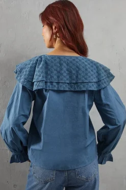 Broderie Oversized Collar Poplin Blouse