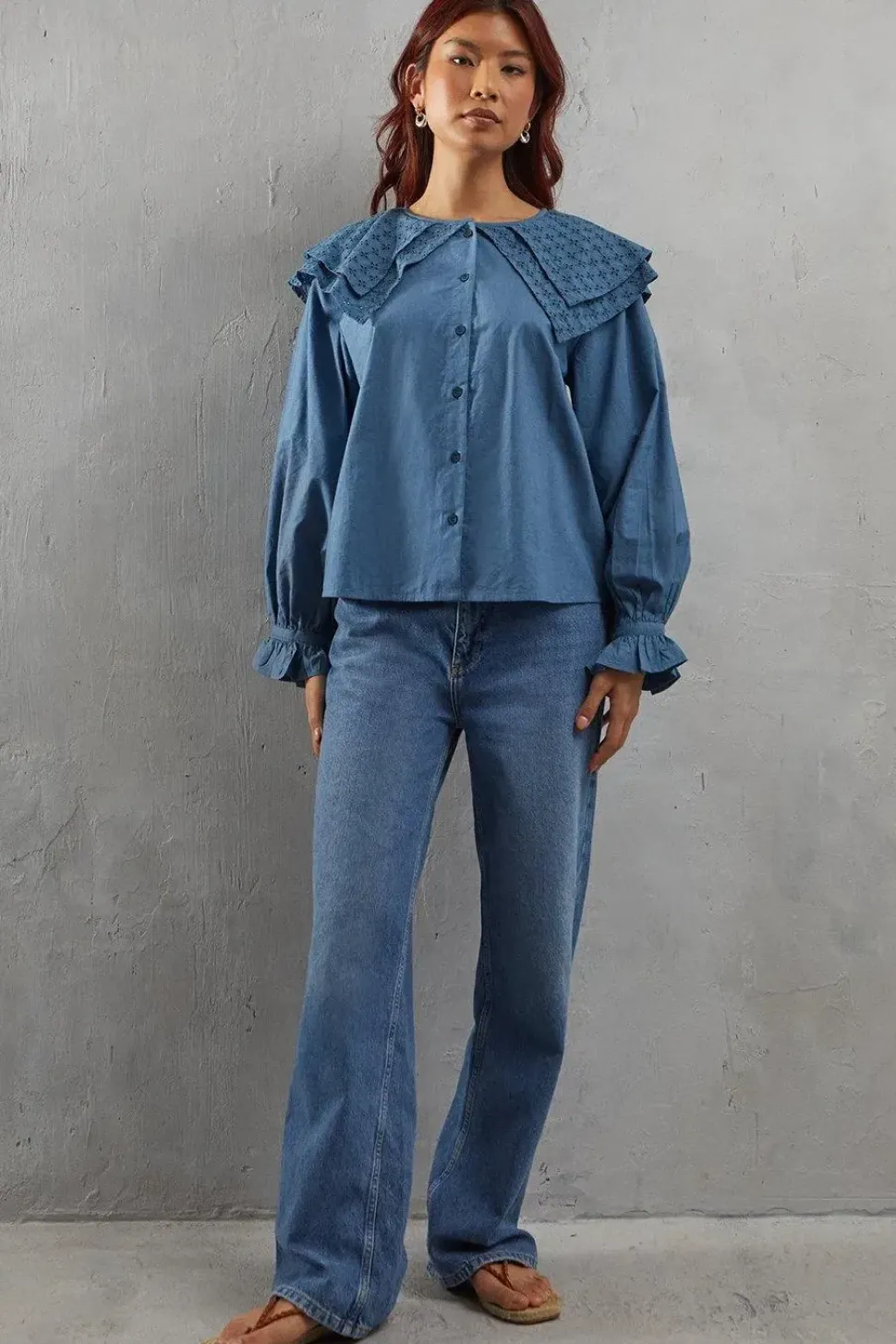 Broderie Oversized Collar Poplin Blouse