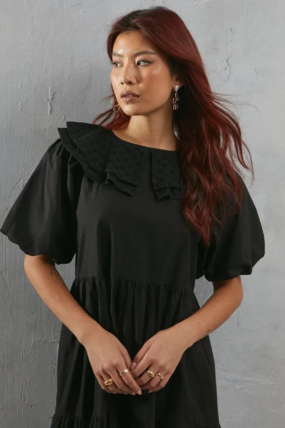Broderie Oversized Collar Poplin Midi Dress