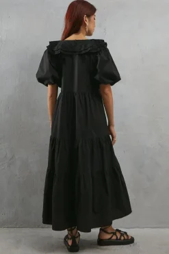 Broderie Oversized Collar Poplin Midi Dress