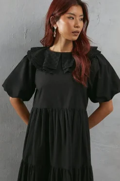 Broderie Oversized Collar Poplin Midi Dress
