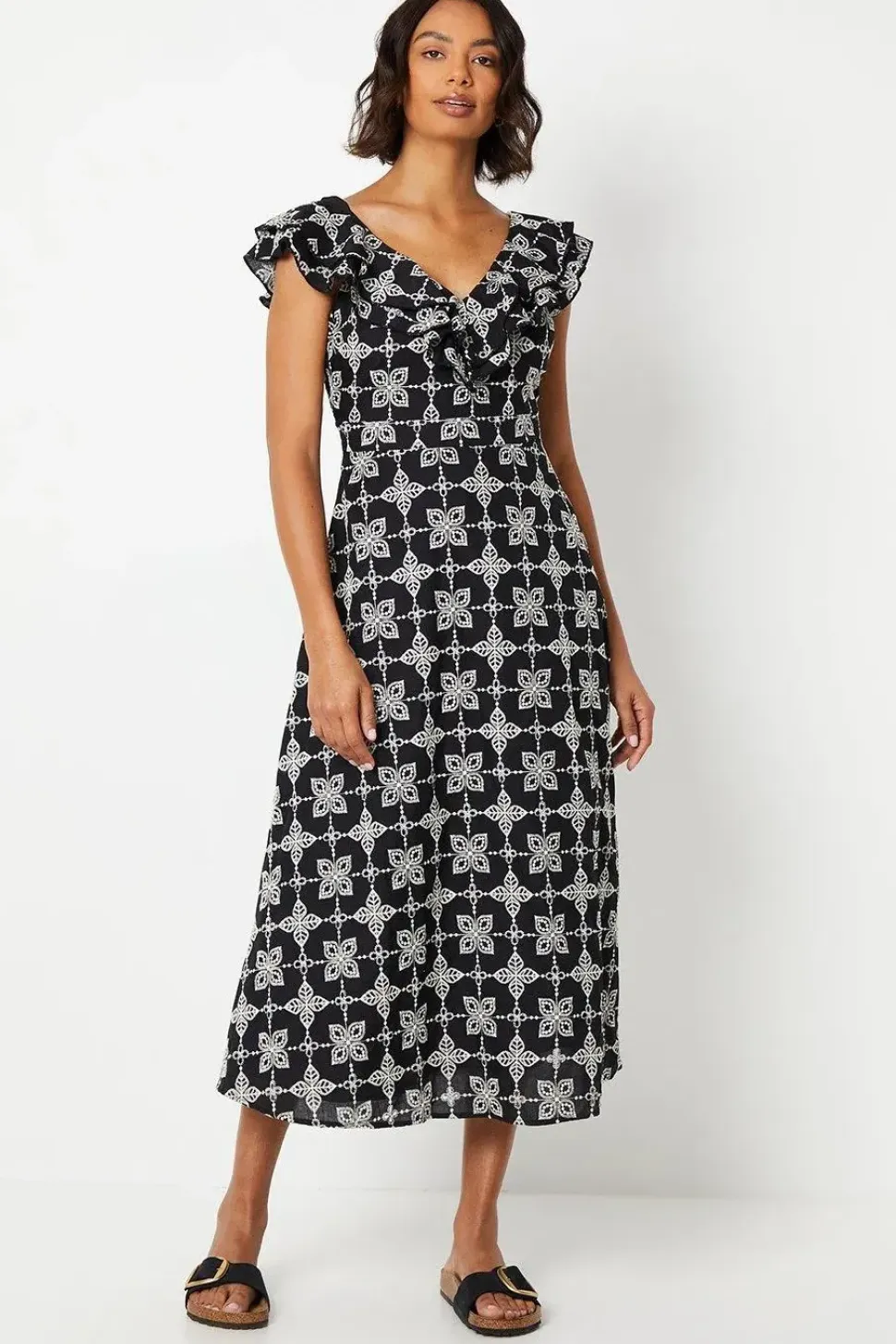 Broderie Ruffle Front Sleeveless Midi Dress