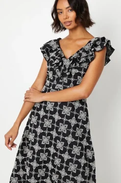 Broderie Ruffle Front Sleeveless Midi Dress