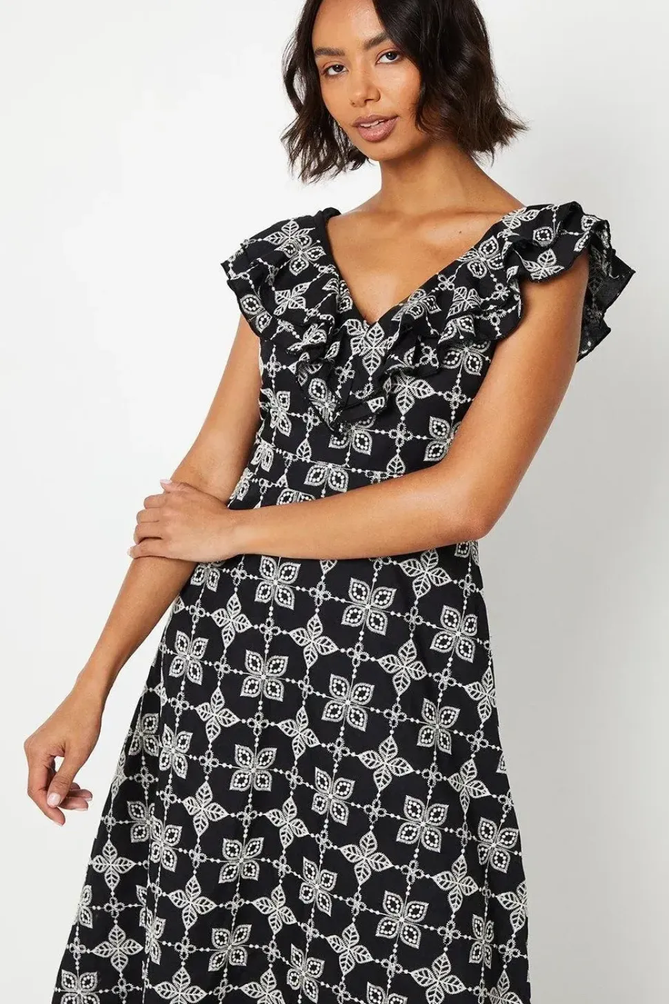 Broderie Ruffle Front Sleeveless Midi Dress