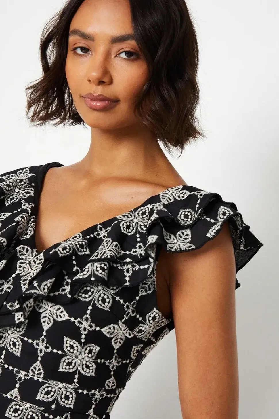 Broderie Ruffle Front Sleeveless Midi Dress