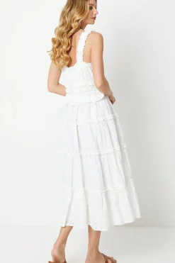 Broderie Shirred Strap Ruffle Detail Midi Dress