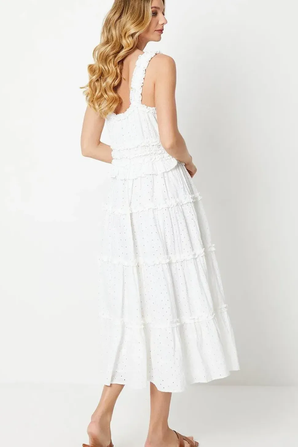 Broderie Shirred Strap Ruffle Detail Midi Dress