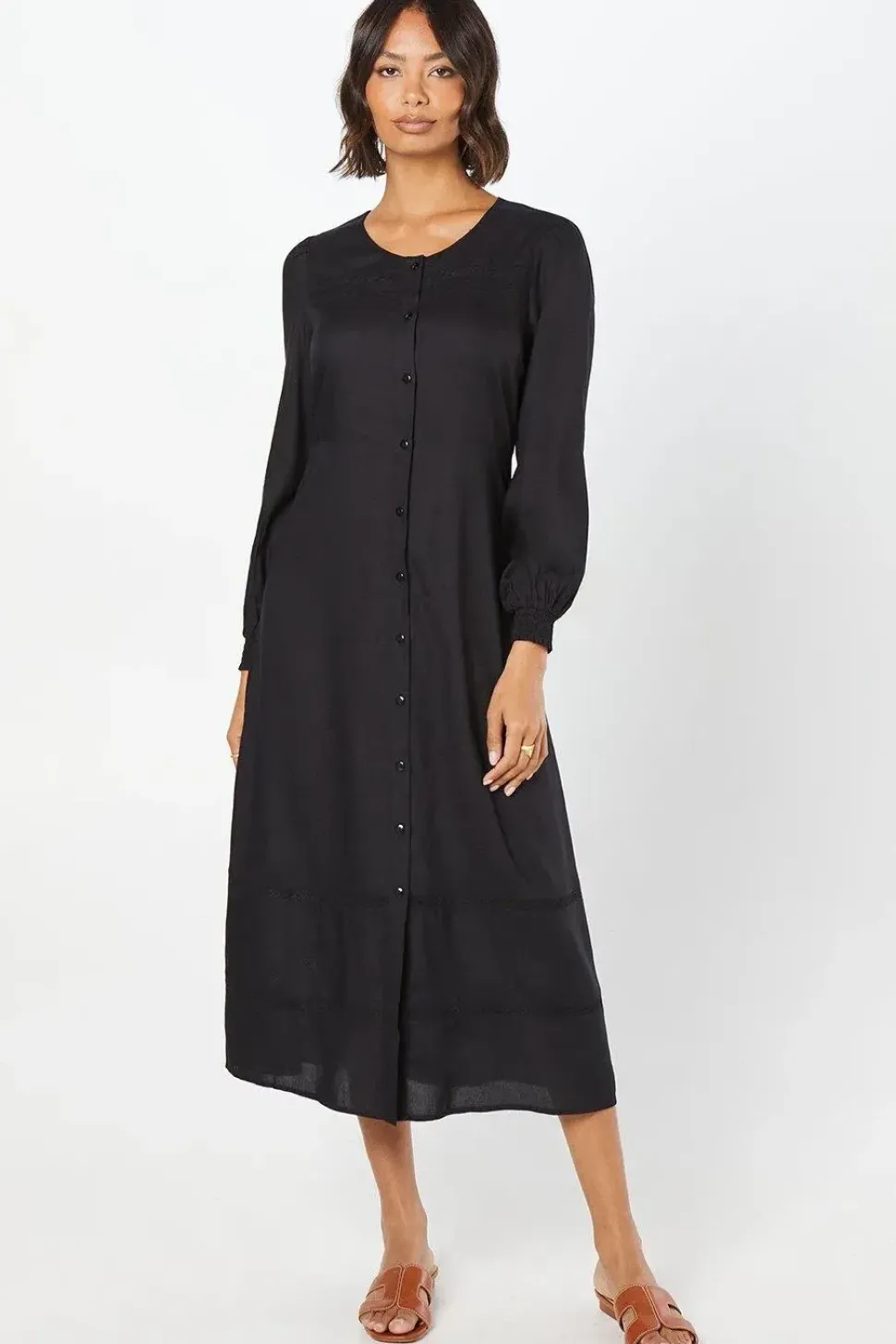 Broderie Trim Button Front Midi Dress