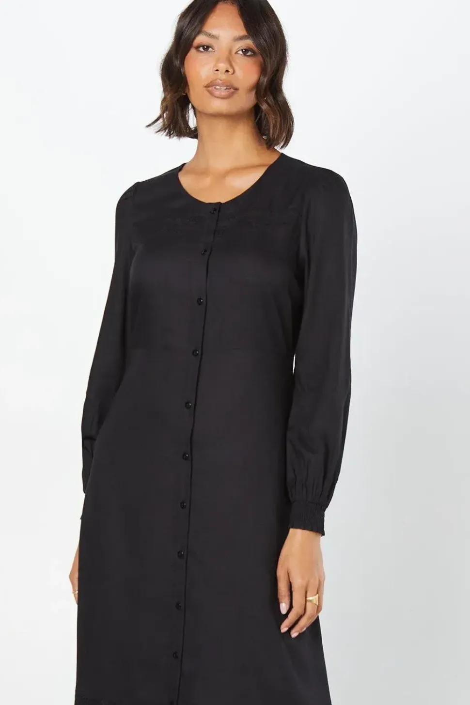 Broderie Trim Button Front Midi Dress