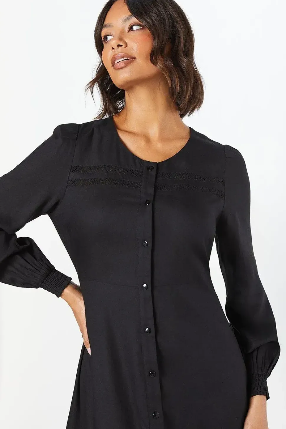 Broderie Trim Button Front Midi Dress