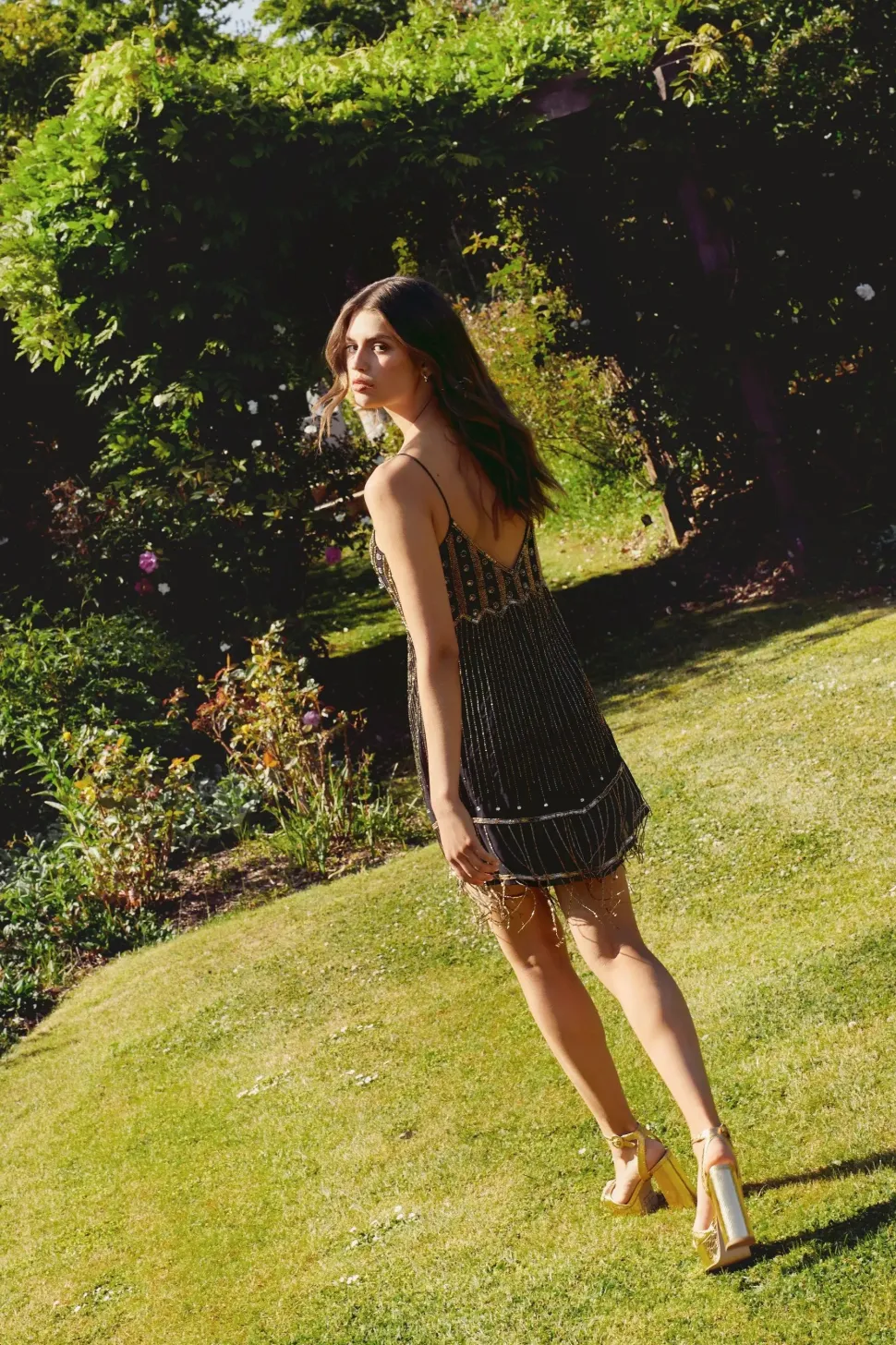 Bronze Beaded Swing Slip Mini Dress