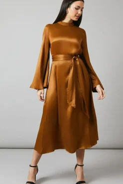 Brown Bias Cut Satin Midi Dress