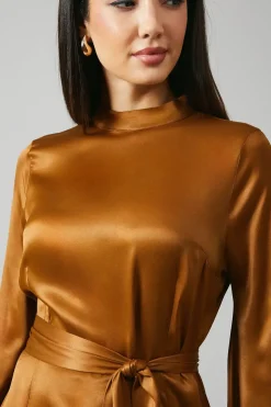Brown Bias Cut Satin Midi Dress