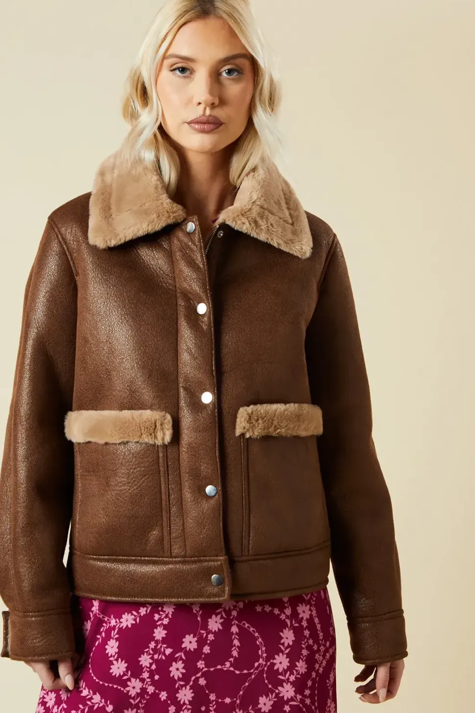 Brown Faux Fur Detail Aviator Jacket