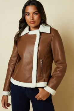 Brown Faux Leather Short Aviator Jacket